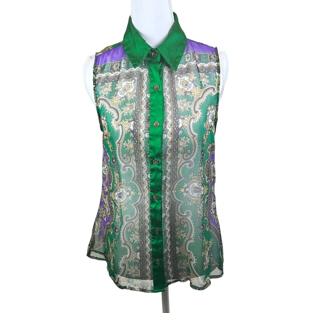 Cecico Small Green Purple Paisley Sleeveless Sheer Button Down Blouse Women's Sm